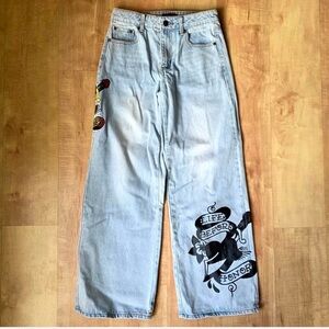 Ed Hardy Light Blue Flare Jeans with Graphic Design